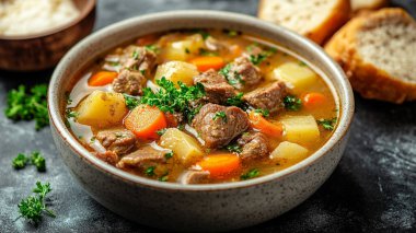 Patatesli biftek güveci ve kasede havuç.