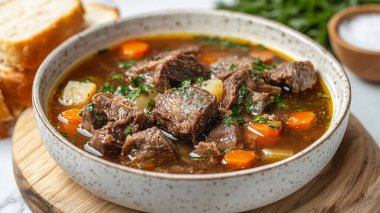 Biftek yahnisi ve sebzeli ev yapımı çorba.