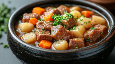 Ev yapımı güveç, kasede sığır güveci, yakın plan.