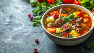 Siyah tabakta sebzeli biftek yahnisi.