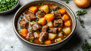 Patates ve havuçlu ev yapımı sığır eti güveci.