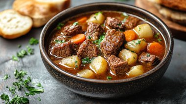 Patates ve sebzeli biftek güveci. Geleneksel Ukrayna mutfağı.