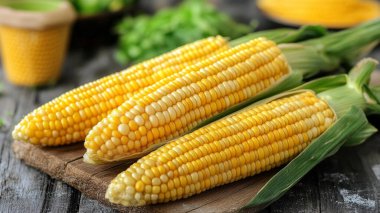 Tahta arka planda mısır koçanları ve olgun tatlı mısır.