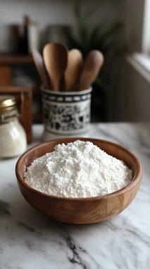 Bir kase un ve mermer arka planda ekmek..