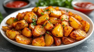 Kızarmış patates kamışı ve beyaz kasede otlar.