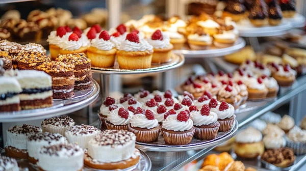 Bir tezgahta çeşitli lezzetli kekler.