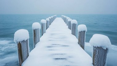 Göl ve karlı güzel kış manzarası.