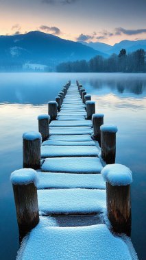 Donmuş göl ve iskeleli kış sahnesi.