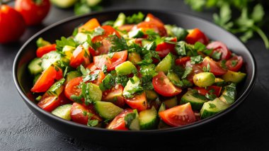 domatesli sağlıklı sebze salatası, avokado, salatalık, kırmızı biber, salatalık. sağlıklı beslenme