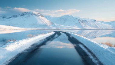 Karlı dağlardan geçen yol ve gündoğumunda sakin göl --kaos 45 -- ar 16: 9 -- stilize 850 --v 6.1 İş Kimliği: 67330175-3a0e-4146-9111-2d2e54be87b7