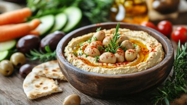 Taze domates ve otlarla dolu bir kasede humus..