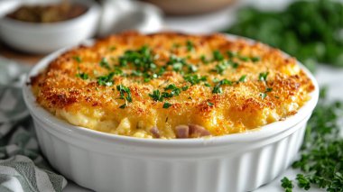 Erimiş peynir ve tuzlu jambonla dolu beyaz bir tabakta, altın-kahverengi fırında Tavuk Cordon Bleu, beyaz masa üzerinde çıtır ekmek kırıntıları ile kaplı -- kaos 25 -- ar 16: 9 -- stylize 500 --v 6.1 Job ID: 5bcfff0e-bfc-4838-94