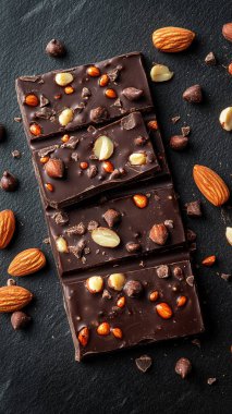 Fındıklı çikolata ve koyu arkaplanda kurutulmuş meyve..
