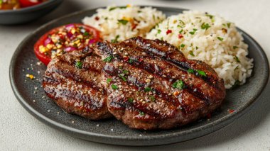 Pirinç ve domatesli ızgara biftek.