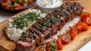 Soslu biftek, sebze ve beyaz tabakta sos.