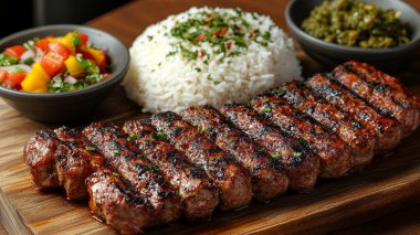 Ahşap bir masada ızgara et ve sebze..