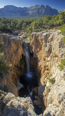 Bir dağın önündeki yeşil ormanlı bir şelalenin güzel bir görüntüsü.