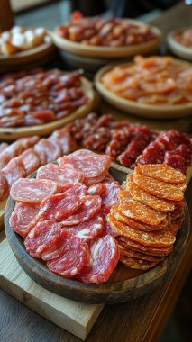 Tabakta taze jambon ve sosis.