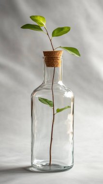 Masada yeşil bitki olan küçük cam vazo, metin için boşluk