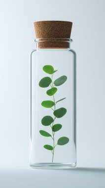 Yeşil yapraklı kavanoz ve beyaz arka planda bitki, düz yatıyordu. Metin için boşluk