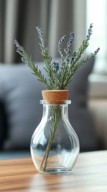 Odanın ahşap masasında cam vazoda lavanta..