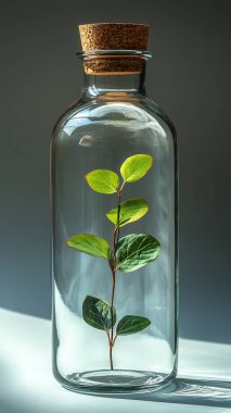 beyaz arkaplanda cam kavanozda yeşil bitki ve kopyasal alan