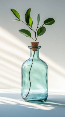 Beyaz masa üzerinde taze bitki bulunan cam vazo.