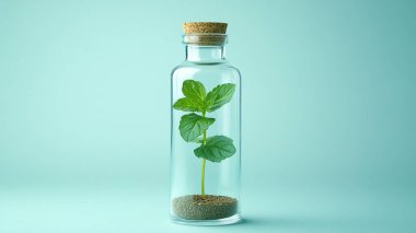 Renkli arkaplanda nane yaprağı olan gerekli yağ şişesi