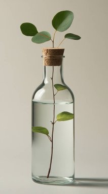 Gri arka planda okaliptüs bulunan bitki ve şişe.