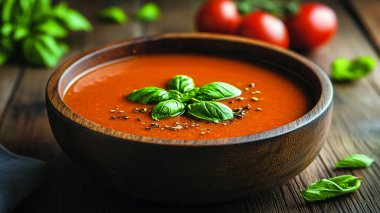 Bir kase taze domates çorbası taze fesleğenli ve domatesli koyu ahşap masa