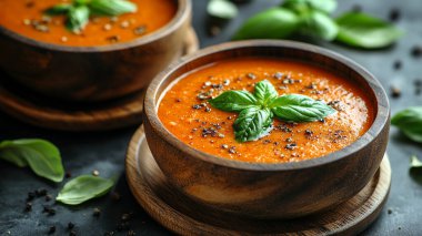 Tahta bir kasede balkabağı kremalı çorba