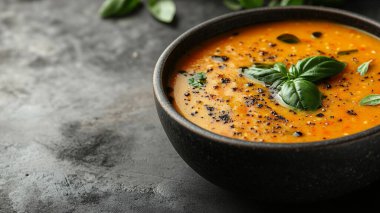 Siyah taş masada kabak çorbası. en üstteki görünüm