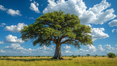 Yazın mavi gökyüzü ve bulutlarla Afrika 'nın bozkırında bir ağaç