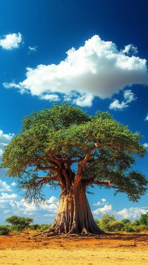 Büyük gövdesi ve mavi gökyüzü olan büyük bir ağaç.