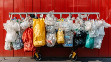 Süpermarkette içi çöp dolu plastik torbalar.