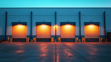 Büyük kapılı bir deponun 3 boyutlu görüntüsü.