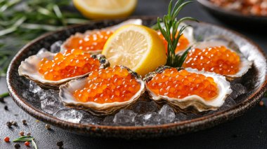 Masada kırmızı havyar var. Seçici odaklanma. yiyecek