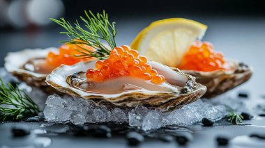 Buzlu çiğ istiridye, limon ve buzlu siyah masa.