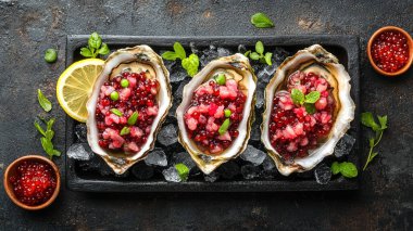 Limonlu ve maydanozlu kırmızı istiridye. siyah kırsal arkaplan