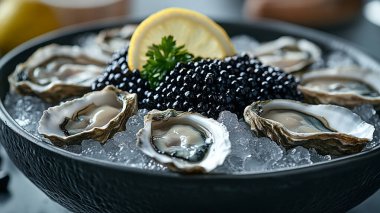 Siyah tabakta buzlu taze istiridye