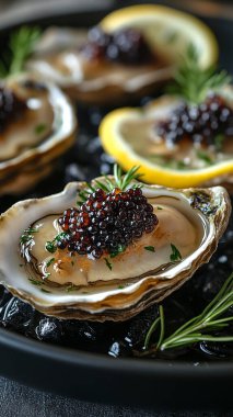 Siyah tabakta limonlu ve biberiyeli siyah istiridye.