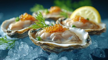 Siyah arka planda limonlu ve buzlu istiridye.