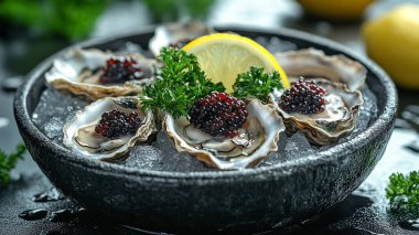 Tabakta buz ve limonla taze istiridye.