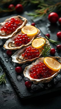 Ahşap zemin üzerinde cam bir tabakta kırmızı havyar. Noel ve yeni yıl yemeği. Yılbaşı yemeği. Noel süslemeleri. şenlikli arkaplan