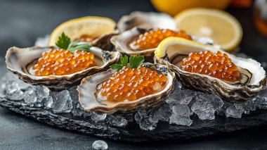 Limon ve buzlu taze istiridye. gurme deniz ürünleri.