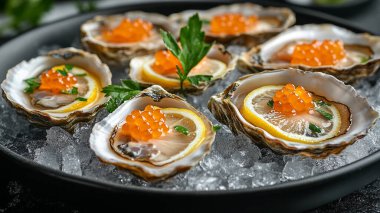 Limonlu, buzlu ve biberiyeli taze çiğ istiridye.