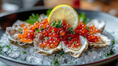 Limonlu taze kırmızı balık ve bir tabakta otlar.