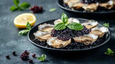 Siyah bir plaka içinde siyah bir havyar ve koyu bir arka plan. Üst Manzara. Metnin için boş yer