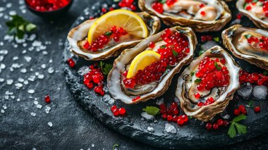 Siyah arka planda limonlu ve maydanozlu taze istiridye, deniz ürünleri, üst manzara..