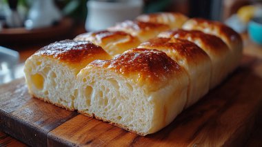 Ahşap bir masada taze pişmiş lezzetli bir ekmeğin yakın plan çekimi.